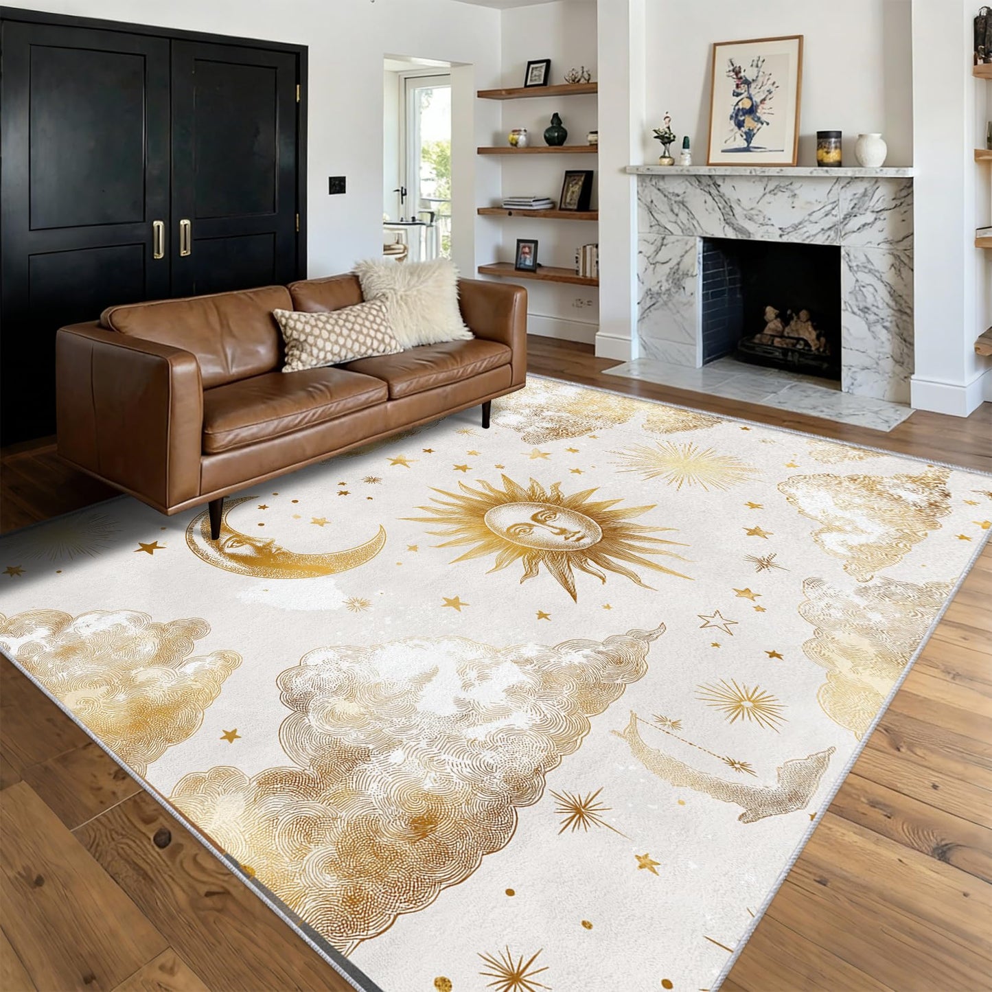 Celestial Rugs for Bedroom Decor, 8x10 ft, Mystical Astrology Clouds Stars Area Rugs for Living Room, Soft Non Slip Washable Witchy Sun and Moon Carpet Home Decorations ftx-1