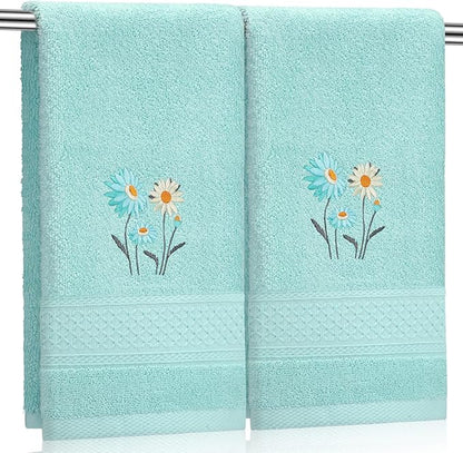 2 Pcs Daisy Hand Towels Teal Flower Bathroom Decor 14x29 Inch Embroidered 100%