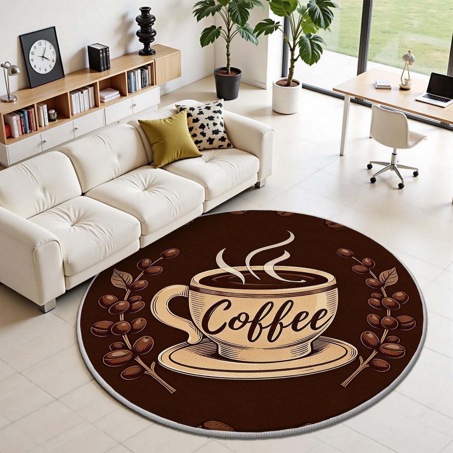 Egljss Round Washable Rugs 6ft, Coffee Cup Circle Area Rug for Bedroom, Coffee Bean Round Carpet for Living Room, Brown Circle Rug Non Slip for Dining Table Kitchen