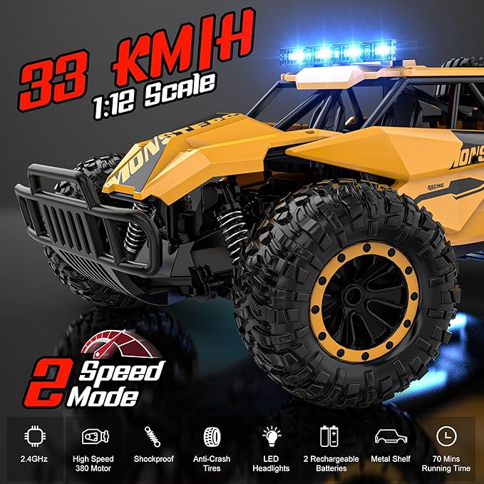 BLUEJAY Remote Control Car for Boys RC Cars 1:12 Monster RC Truck Off Road with LED Headlight and Rechargeable Battery Gifts for Adults Boys 8-12
