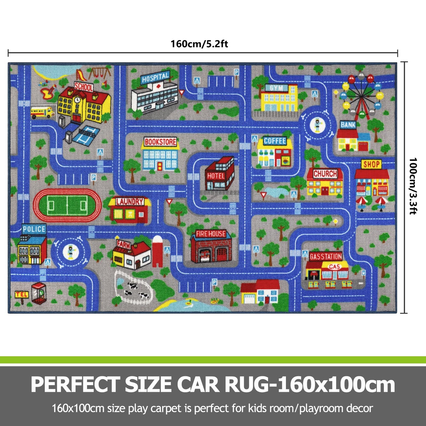 Capslpad Blue Car Road Kid Rug Carpet Playmat for Playoom Traffic Road Kids Play Mat for Toddler Non Slip Washable City Map Race Track Carpet Rug for Kids Room Bedroom Nursery Room Decor,5.2'x3.3'