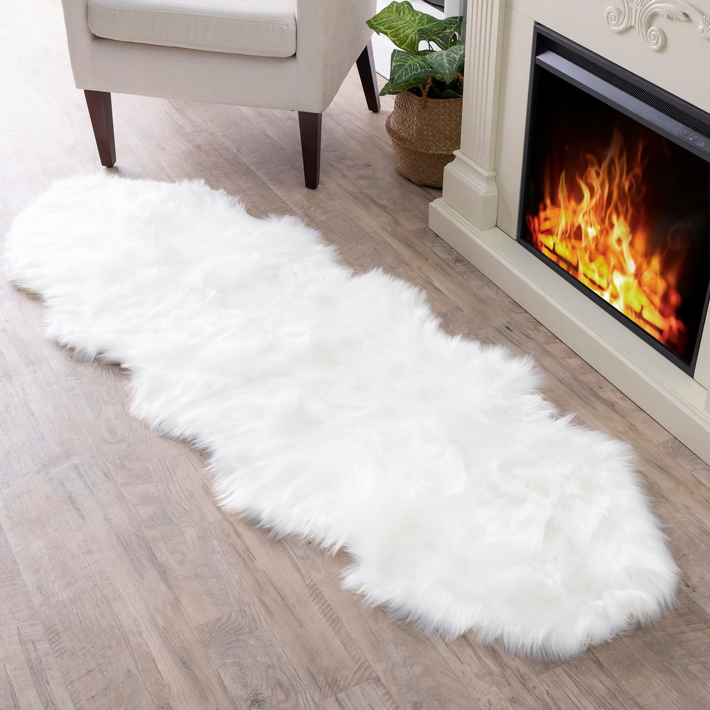Walk on Me White Double Pelt Faux Fur Sheepskin Rug: Ultra Soft, Super Thick, Fluffy 2x6 Feet, Living Room, Bedroom, Office, Synthetic, Latex, Non-Slip