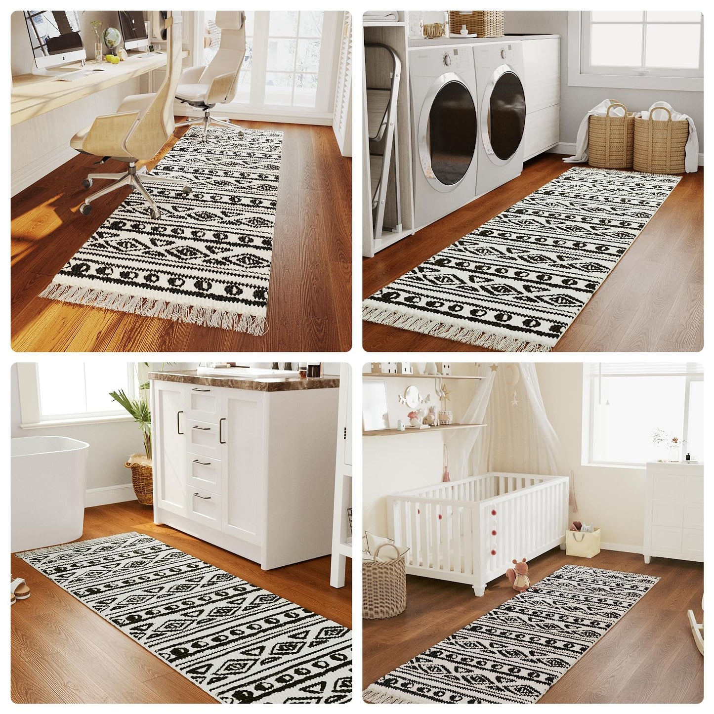 H.VERSAILTEX Handwoven 2x5 ft Boho Runner Rug with Tassels - Low Pile Easy Clean Washable Entryway Rug, Non-Slip Kitchen Runner for Hallway, Laundry Room, Corridor - Floor Mat(1 Pack,Black/White)