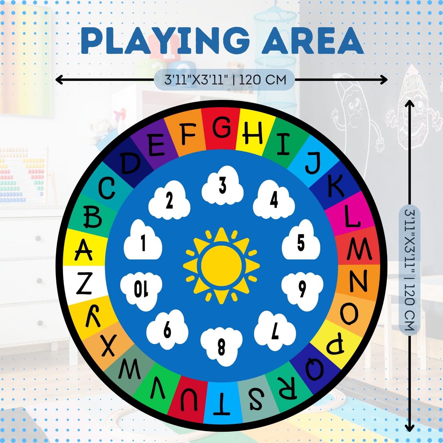 Genki - Kids Rugs for Playroom - ABC Learning Area Rug for Play Room, Classroom, Kindergarten, and Preschool - Kid Alphabet Educational Carpet for Childrens and Toddler Mat - Non Slip | 3'11"x3'11"