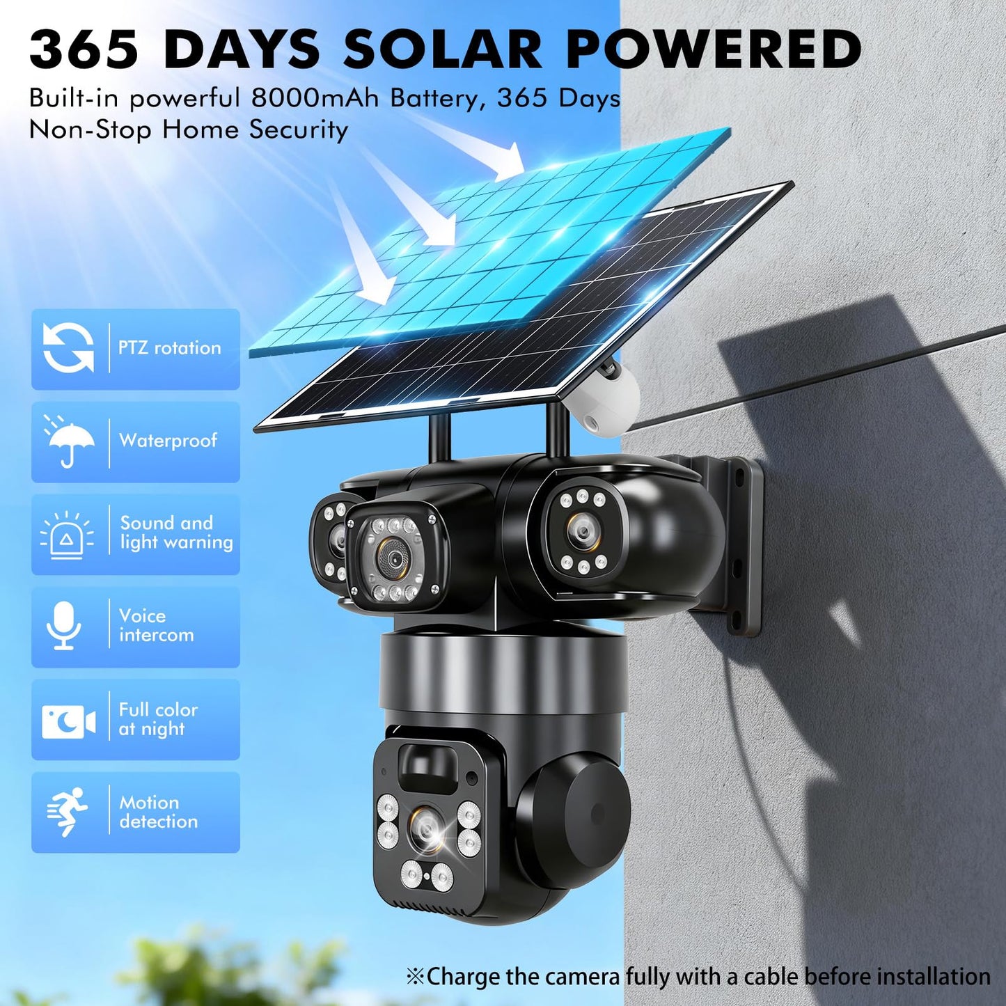 KEPEAK Solar Security Camera Outdoor Wireless, Triple-Lens WiFi Camera 2.4G, Battery Powered Outdoor Camera Wireless, Color Night Vision, PIR Human Detection, 2-Way Talk for Home Yard Garage