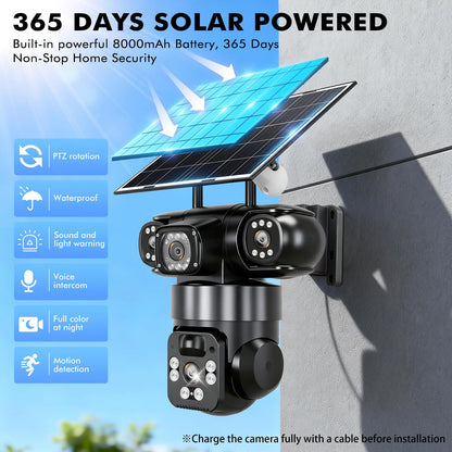 KEPEAK Solar Security Camera Outdoor Wireless, Triple-Lens WiFi Camera 2.4G, Battery Powered Outdoor Camera Wireless, Color Night Vision, PIR Human Detection, 2-Way Talk for Home Yard Garage