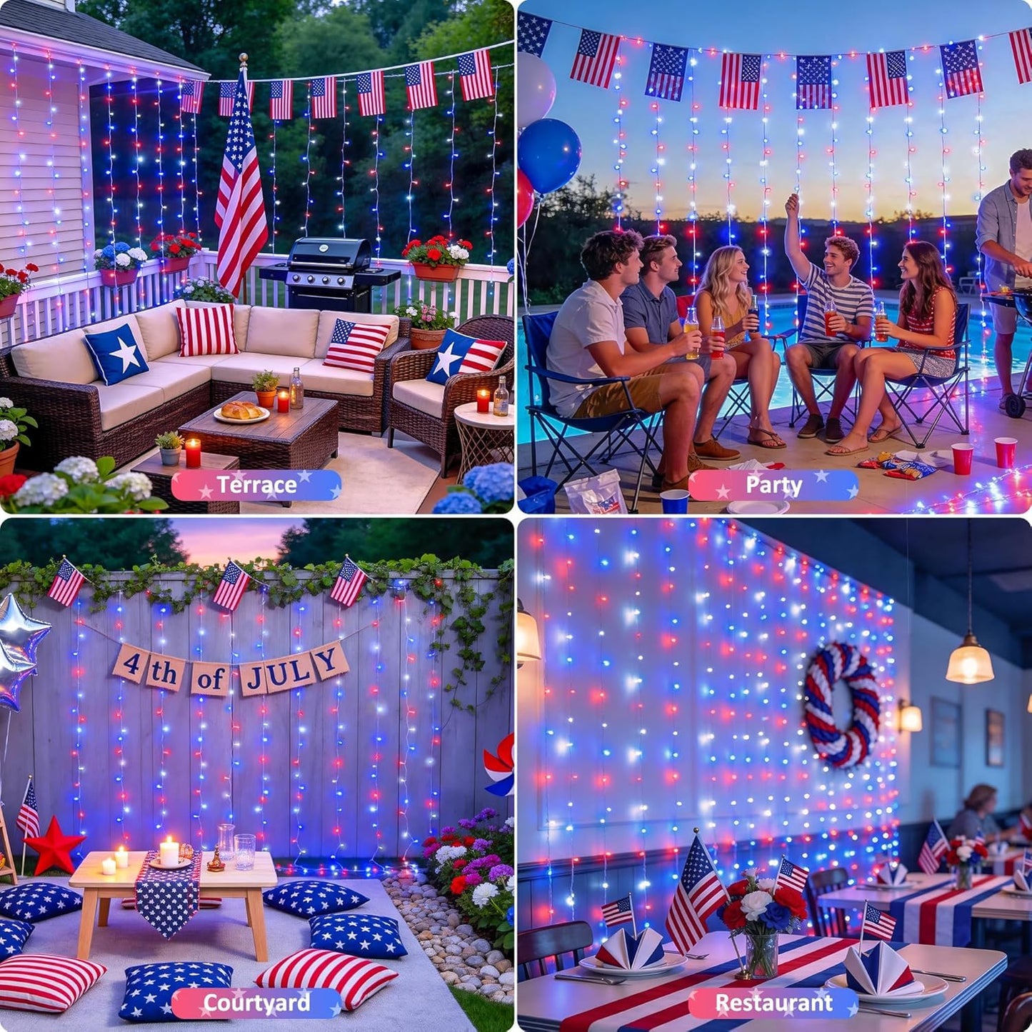 JMEXSUSS 300LED Red White and Blue Lights with Remote, 4th of July Lights Plug in, Patriots Curtain Hanging String Lights for Bedroom Wall Window Backdrop Indoor Outdoor 4th of July Decor, 9.8x9.8ft