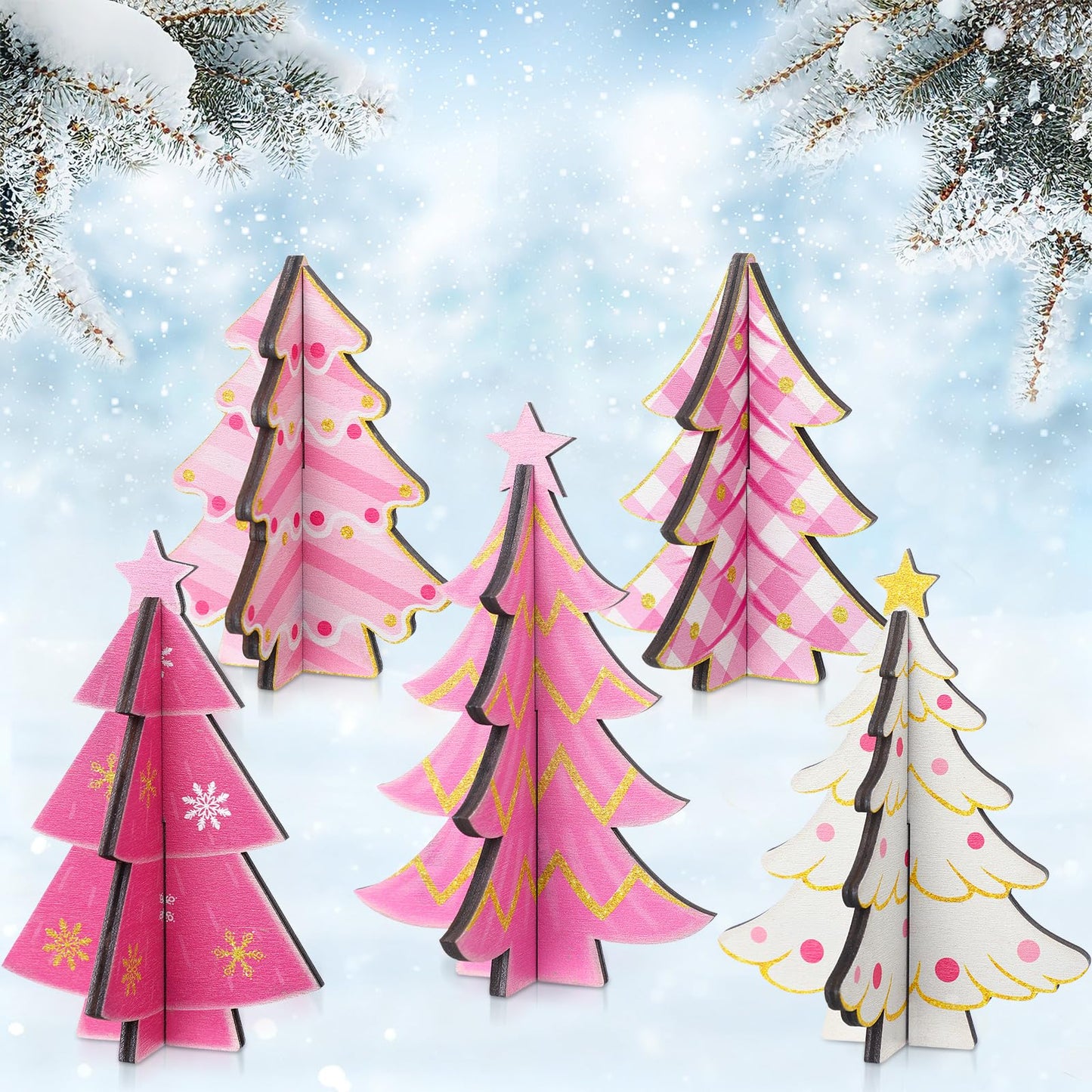 Bucherry 5 Pcs Pink Wooden Christmas Trees Tabletop Decorations Rustic 3D Christmas Trees Xmas Centerpieces Farmhouse Table Wooden Signs for Xmas Winter Farmhouse Home Tiered Tray Decor