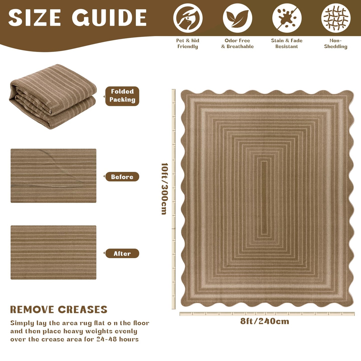 Yamaziot Washable Indoor Outdoor Rug 8x10, Scalloped Geometry Faux Tan Jute Outdoor Carpet Non Slip Modern Woven Textured Patio Rug for Backyard Balcony Deck, White