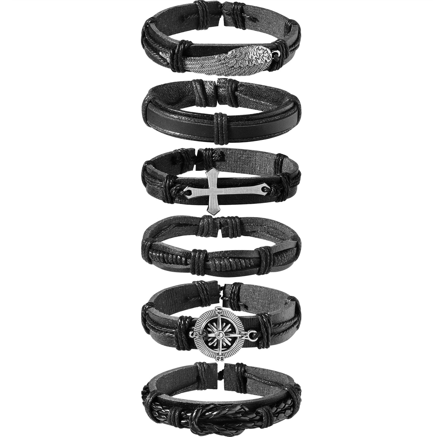 AFIKJHONS Handmade Leather Bracelet Set for Men Women, 6 Pcs Vintage Black Bracelets with Cross Compass Wing Charms, Adjustable Wristband Jewelry