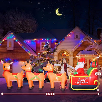 12FT Long Christmas Inflatables Outdoor Decorations, Inflatables Santa Claus on Reindeer Sleigh Built-in LED Lights, Christmas Blow Up Yard Decorations for Holiday Outdoor Garden Lawn Decor