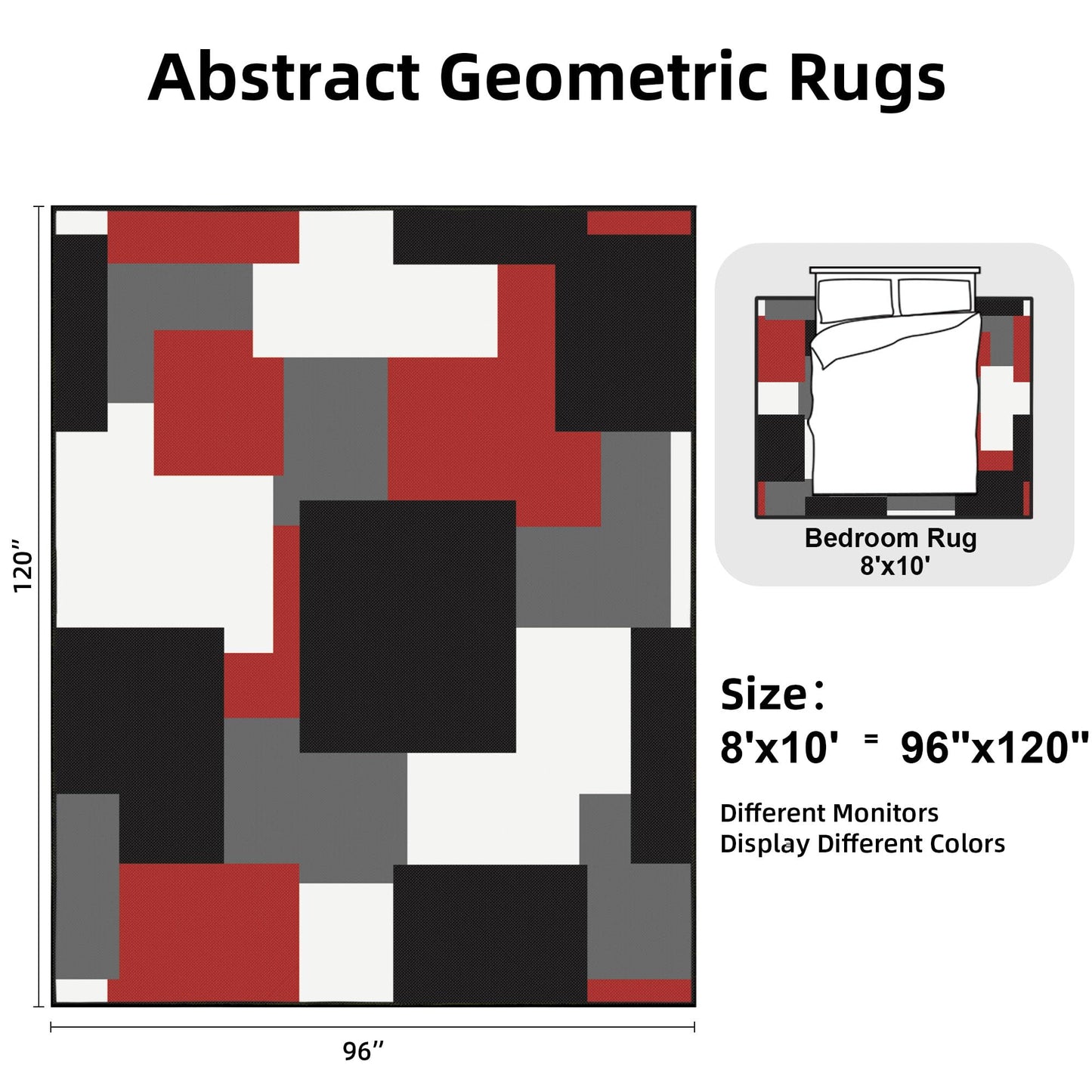 Tyrot Modern Geometric 8x10 Area Rugs for Living Room Ultra Thin Linen-Look Abstract Indoor Rug Non Slip & Non-Shedding Washable Red Grey White Rug for Bedroom, Dining Room Home Office