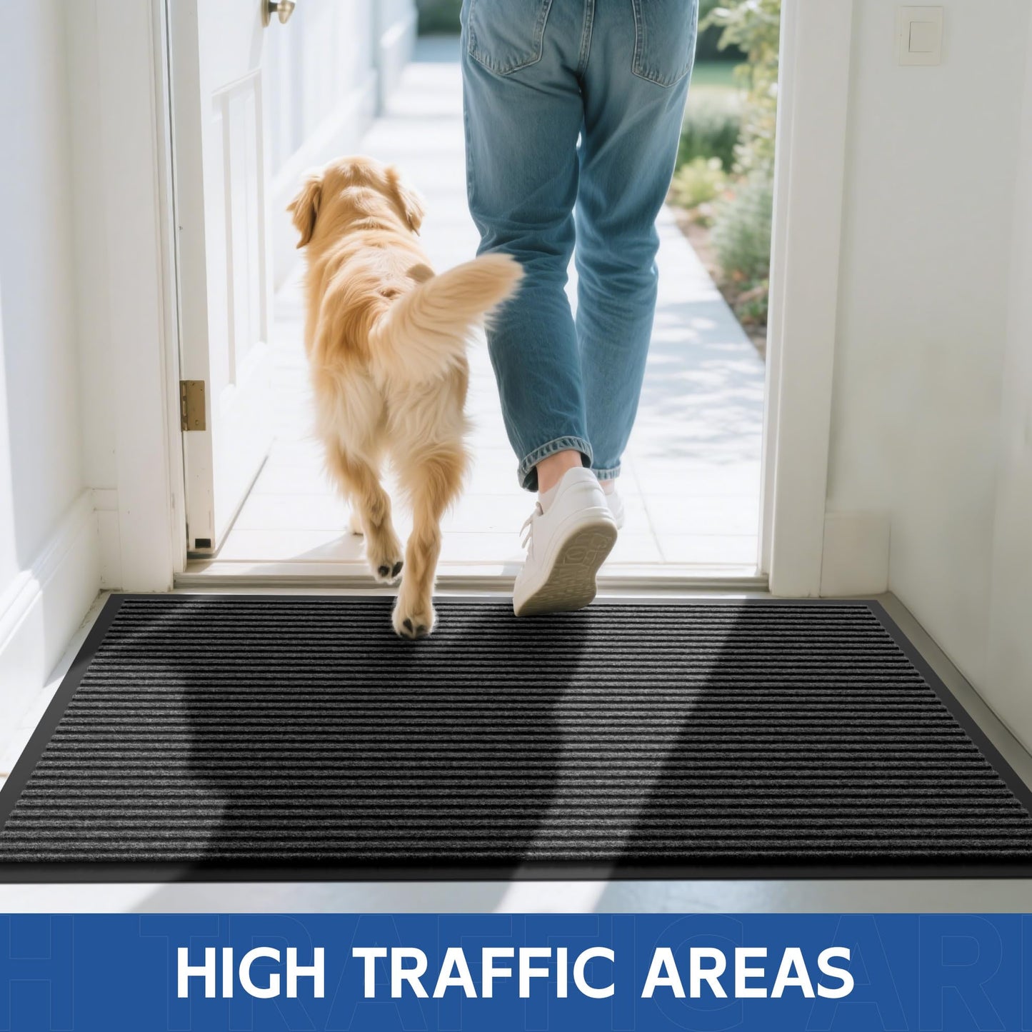 Naturei Front Door Mat, 4' x 6' Heavy Duty Indoor Outdoor Doomat, Commercial Industry Rugs with Rubber Backing, Non-Slip Low Profile Welcome Entry Mat for Patio, Home, Grey