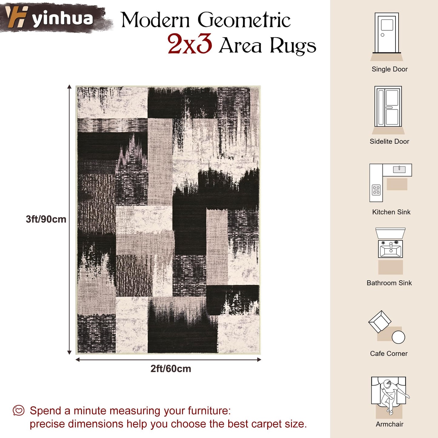 Yinhua Modern Geometric Entryway Rug 2x3, Patchwork Brown Rugs for Entryway Indoor Washable Abstract Area Rug Non Slip, Mid Century Door Rugs Stain Resistant, Low Pile Door Mat for Kitchen, Laundry