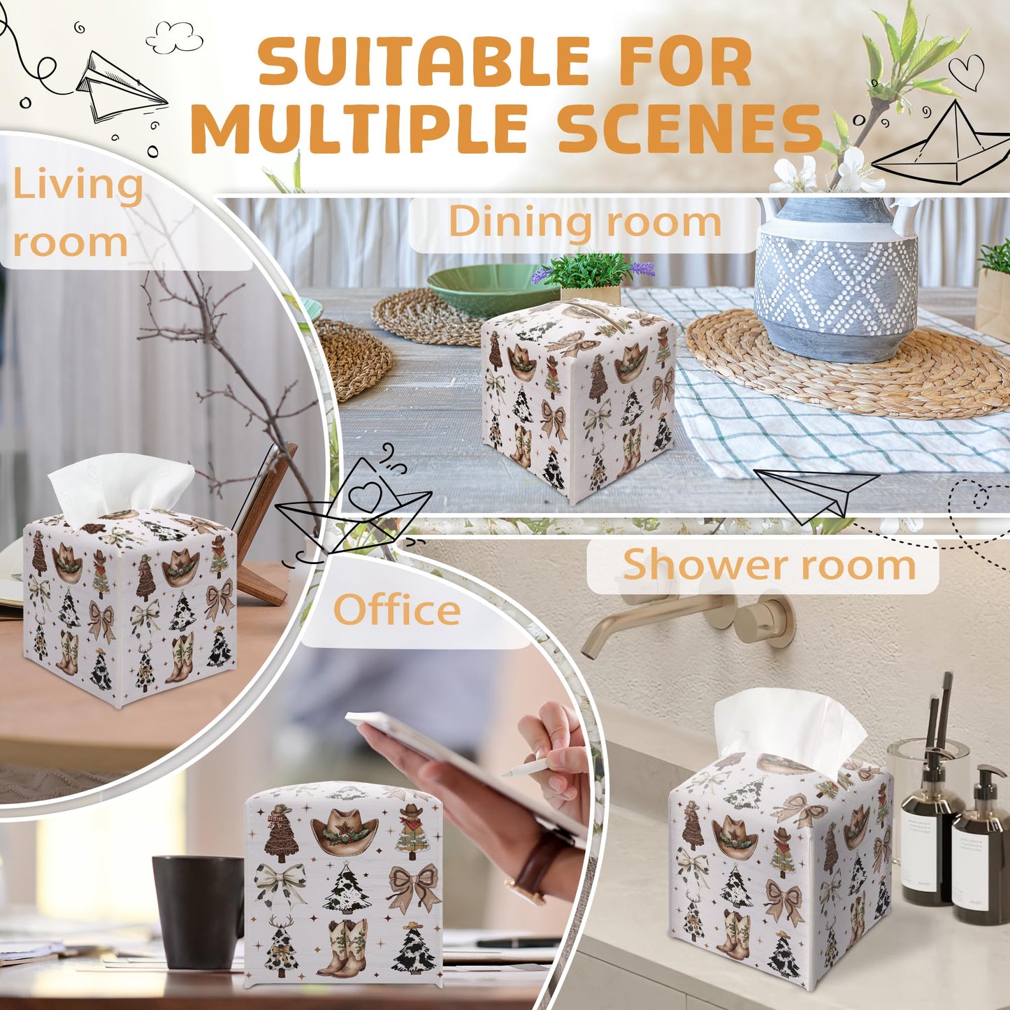 Country Christmas Tissue Box Holder, Cowgirl Boots Hat Christmas Trees Leather Tissue Box Cover Square, Paper Facial Decorative Tissues Cover for Bathroom Kitchen Office Home Decor-B33