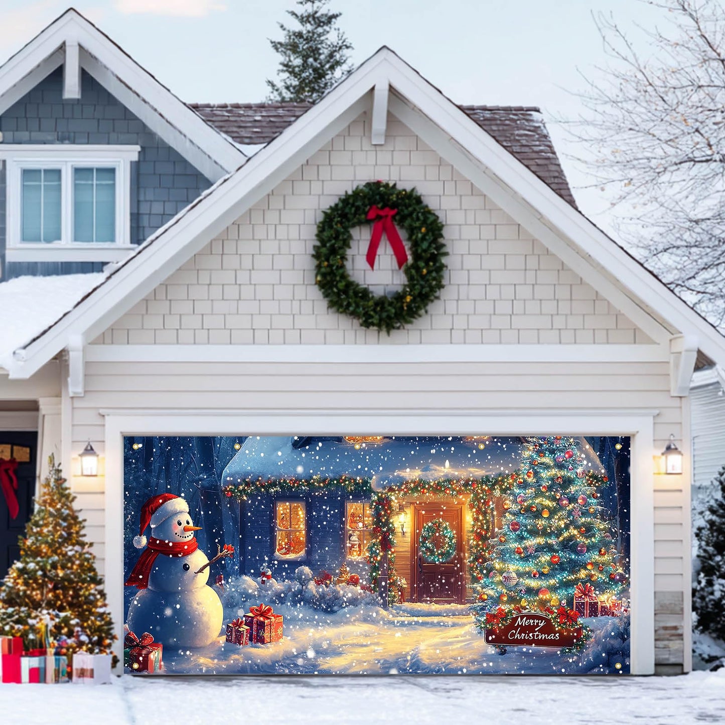 HOMETITUTE Christmas Door Banner 13x6ft Snowy Winter Scene Snowman Christmas Tree Gift Boxes Holiday Porch Decoration Seasonal Merry Christmas Front Door Cover Indoor Outdoor