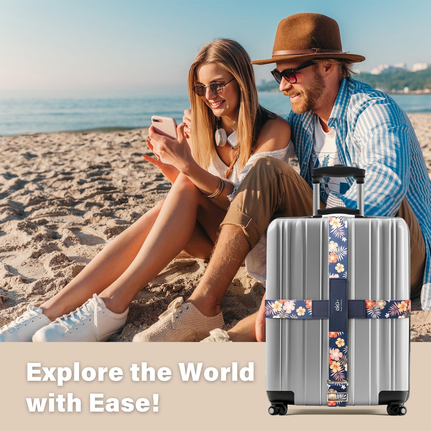Luggage Straps for Suitcases,Adjustable Luggage Elastic Belt, Travel Essentials for Airport,Station, Vibrant Designs, White Cat