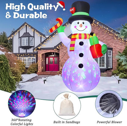 FunFanso 7FT Christmas Inflatable Snowman Outdoor Decoration, Giant Blow up Snowman Holds Candy and Gift Boxes, Built-in Rotating Colourful Lights for Yard, Garden, Patio, Lawn Xmas Holiday Decor