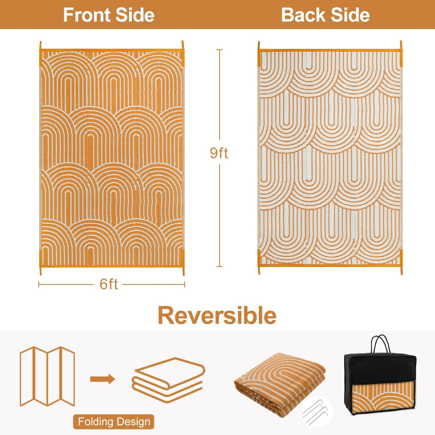 Lahome Outdoor Rugs 6x9 Patio Waterproof, Plastic Straw Rug Reversible RV Mat, Large Portable Outside Camping Carpet for Porch Floor Balcony Deck Tent Fall(Rainbow Orange, 6'x9')