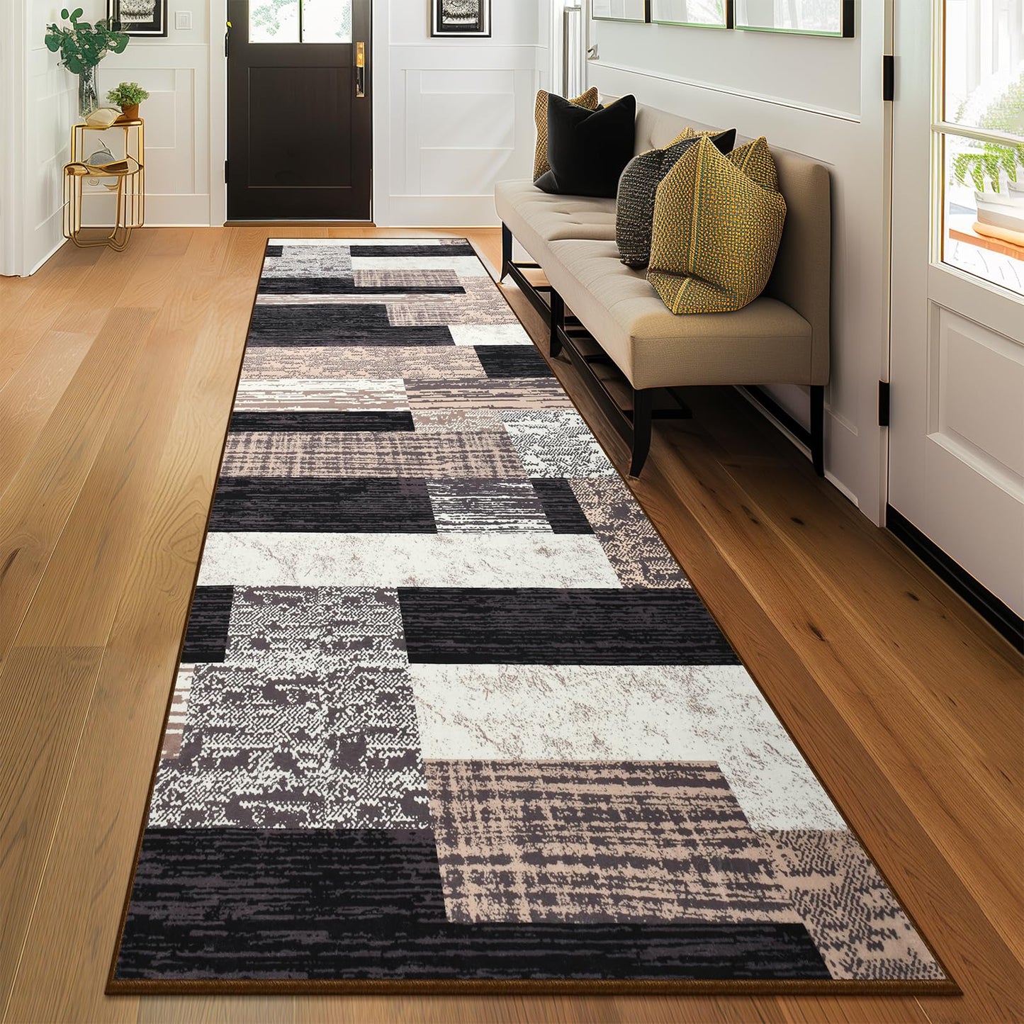 Indoor Runner Rug, Washable Runner Rug with Rubber Backing, Modern Geometric Patchwork Aesthetic Carpet for Bedroom, Living Room, Hallway, Entryway, Washable Rugs Rockwood Collection,2.7x8Ft Chocolate