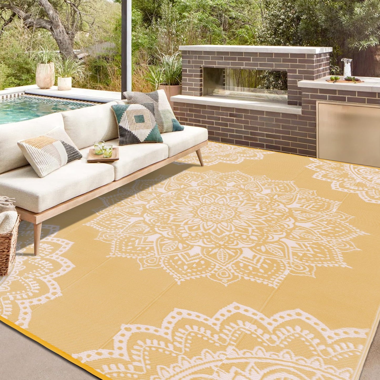 Yamaziot Waterproof Outdoor Rug 8x10 ft, Reversible Plastic Straw Rug for Patio Clearance, Camping, RV Mat, Large Outside Rug Carpet for Porch, Deck, Backyard, Balcony, Picnic, Yellow