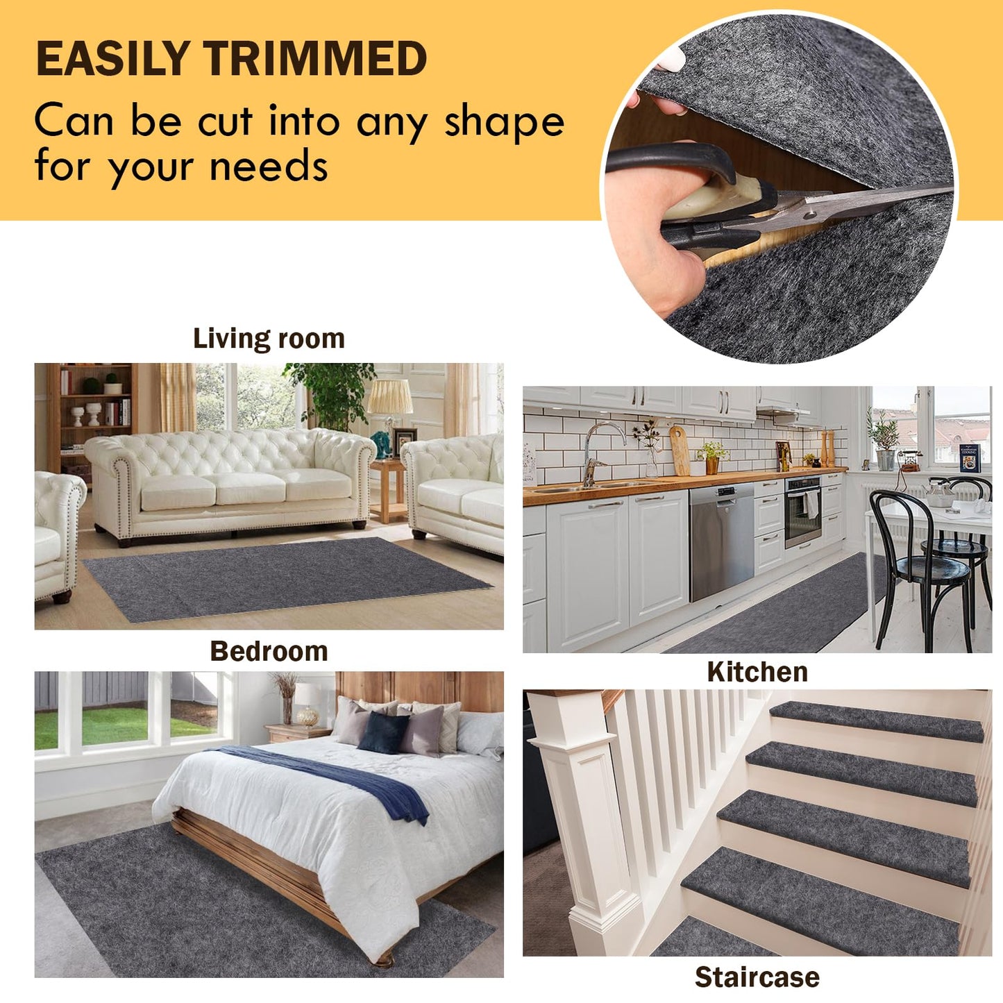 Waterproof Rug Pad 9x12 Ft, Under Area Carpet Padding, Non Slip Felt Rug Pads for Hardwood Floors, Protective Underlay Keeps Rugs in Place Without Wrinkles