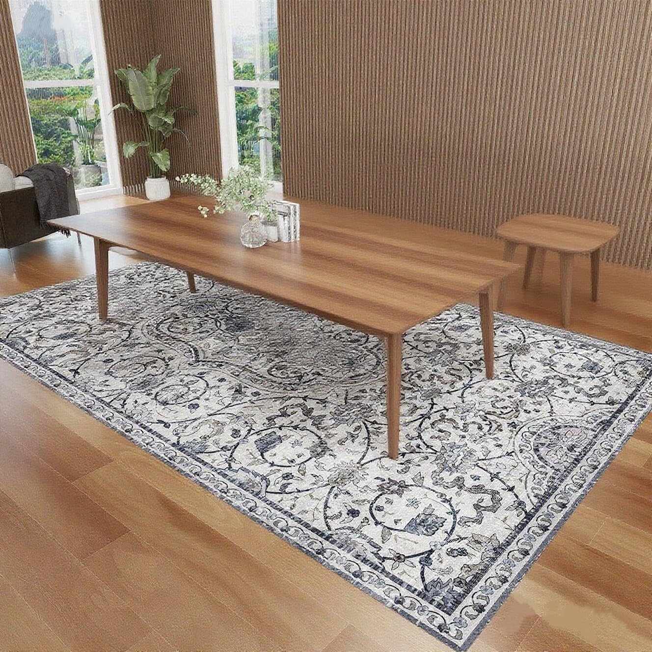SALLOUS Floor Mat for Home, 5' x 7' Waterproof Area Rug for Living Room, Vinyl Area Rug for Bedroom, Slip Resistant Hard Floor Protector Mat for Kitchen, Bathroom, Entryway (Grayish Blue Bohemian)