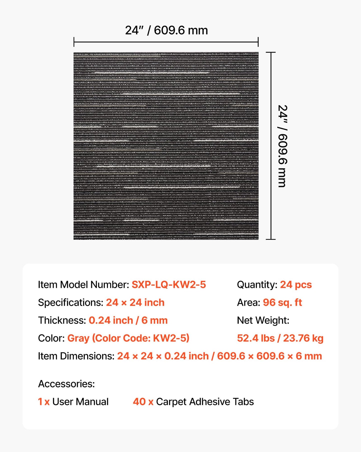 VEVOR Carpet Tiles Reusable 24x24 inch, 24 PCS Modular Carpet Square Rug, Commercial Floor Soft Padded for Seamless Cover 96sq.ft, Easy DIY Replacement for Living Room Bedroom Office Indoor,Gray