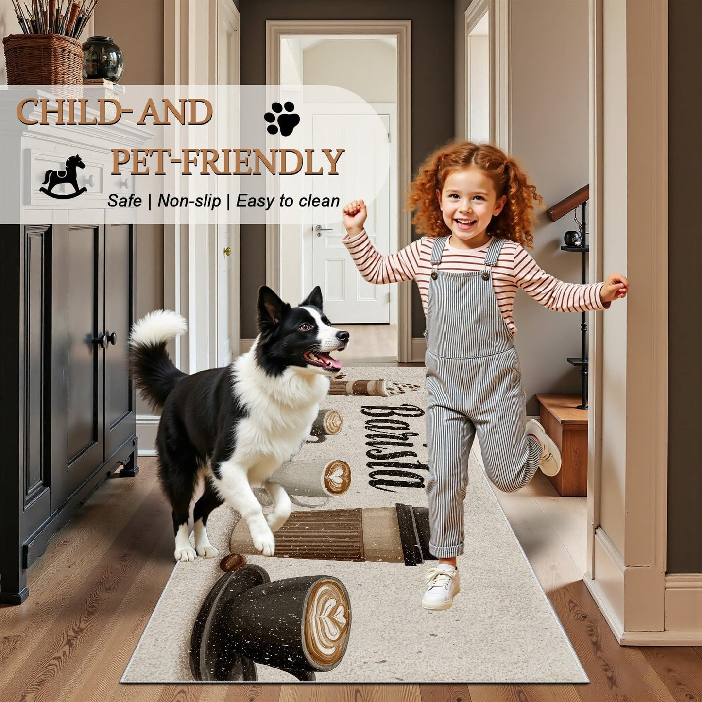 Barista Coffee Runner Rug for Hallway 3x10 Coffee Cup Kitchen Rugs Non Slip Washable, Farmhouse Cafe Latte Mocha Art Decor Carpet, Soft Low Pile Runner Rug for Entryway Laundry Living Room Bedroom