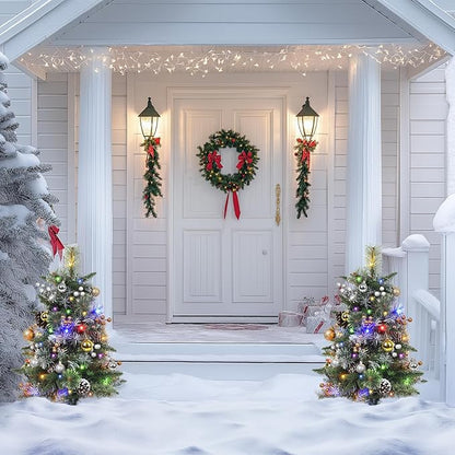Set of 2 Outdoor Pathway Christmas Trees, 30” Battery Operated Pre-Lit Frosted Xmas Tree with 35 LED Lights, 8 Flash Modes, Holiday Décor for Porch, Yard with Berries/Pine Cones/Balls