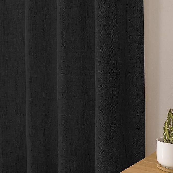 Tollpiz Short Linen Curtains Living Room Rod Pocket Semi Sheer Curtain Burlap Light Filtering Thick Linen Drapes for Bedroom, 54 x 54 inches Long, Black, Set of 2 Panels