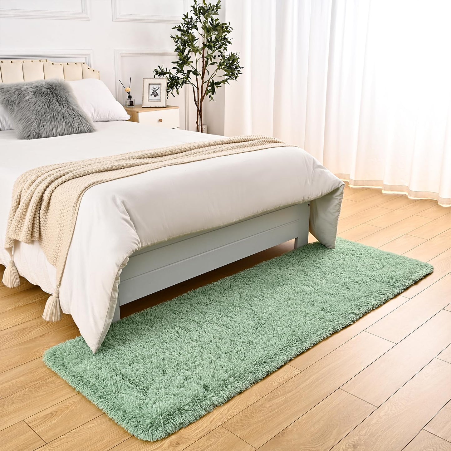 DweIke Fluffy Sage Green Runner Rugs for Bedroom, 2x6 Feet Soft Plush Long Runners for Girls Boys Kids, Non-Slip and Machine Washable Bedside Rug, Small Throw Carpet for Hallway Rooms Decor
