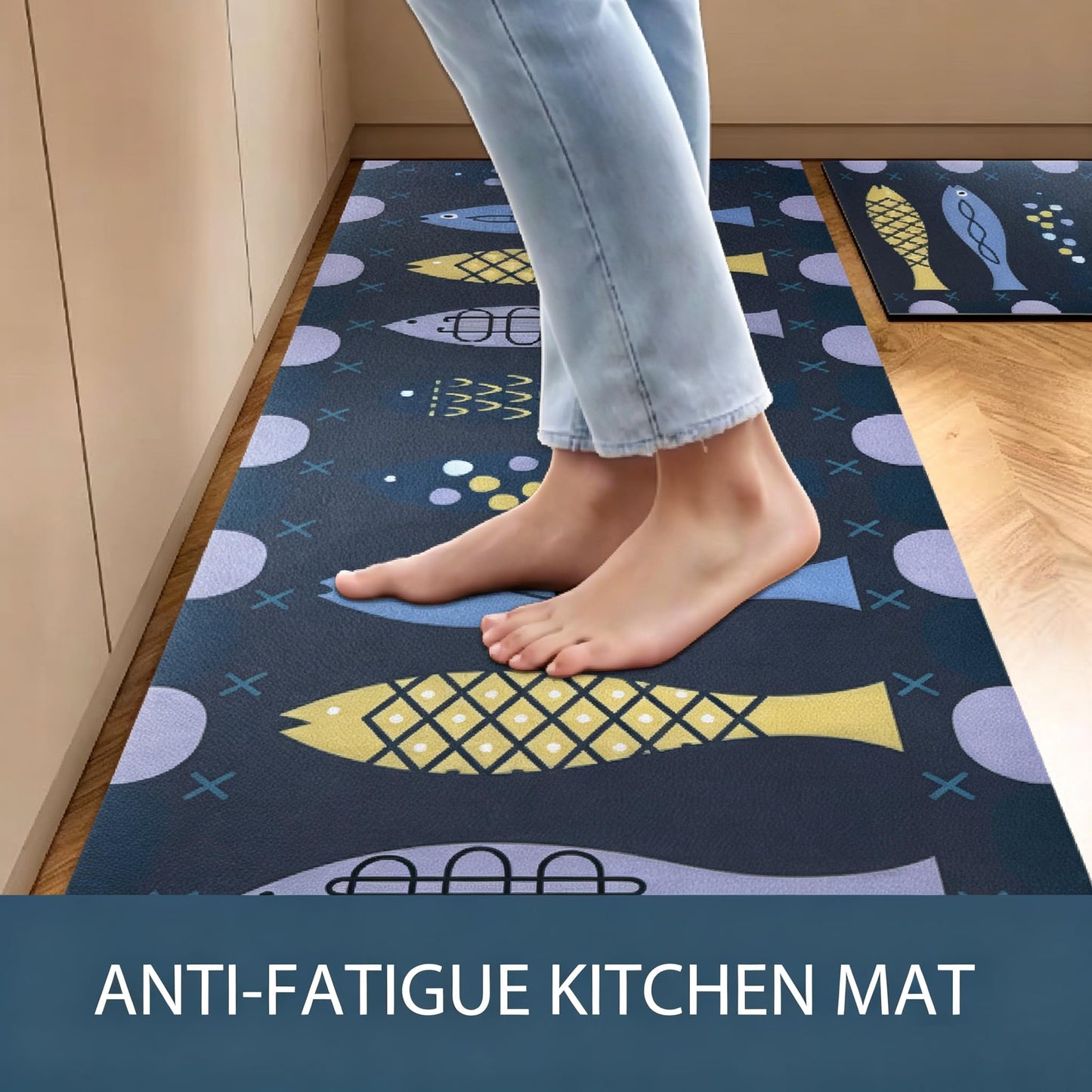 CHKYUZEN PVC Foam Anti Fatigue Printed Kitchen Mat and Rug, Foot Comfort, Anti Slip, Stain Release, Set of 2pcs (17"x30" & 17" x47), (2pc Set, Fish Design)