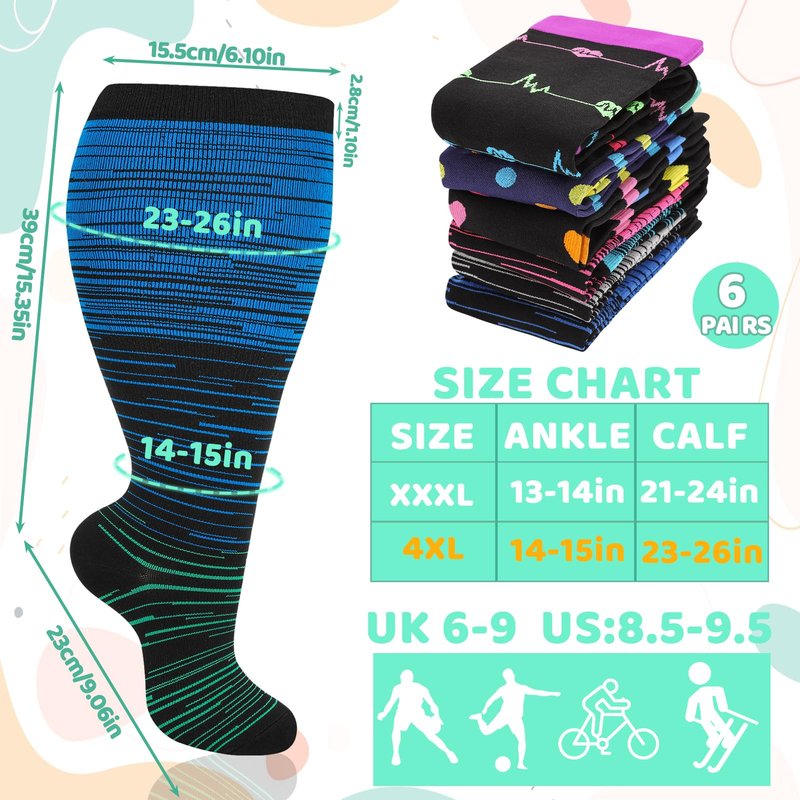 Jspupifip 6 Pairs Plus Size Compression Socks for Women Wide Calf Extra Large Knee High Support for Travel Yoga Running Circulation, 3X-Large