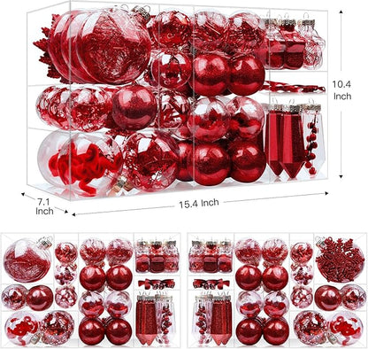 SHareconn 86PCS Christmas Balls Ornaments Set,Shatterproof Plastic Clear Decorative Baubles for Xmas Tree Decor Holiday Wedding Party Decoration, Red