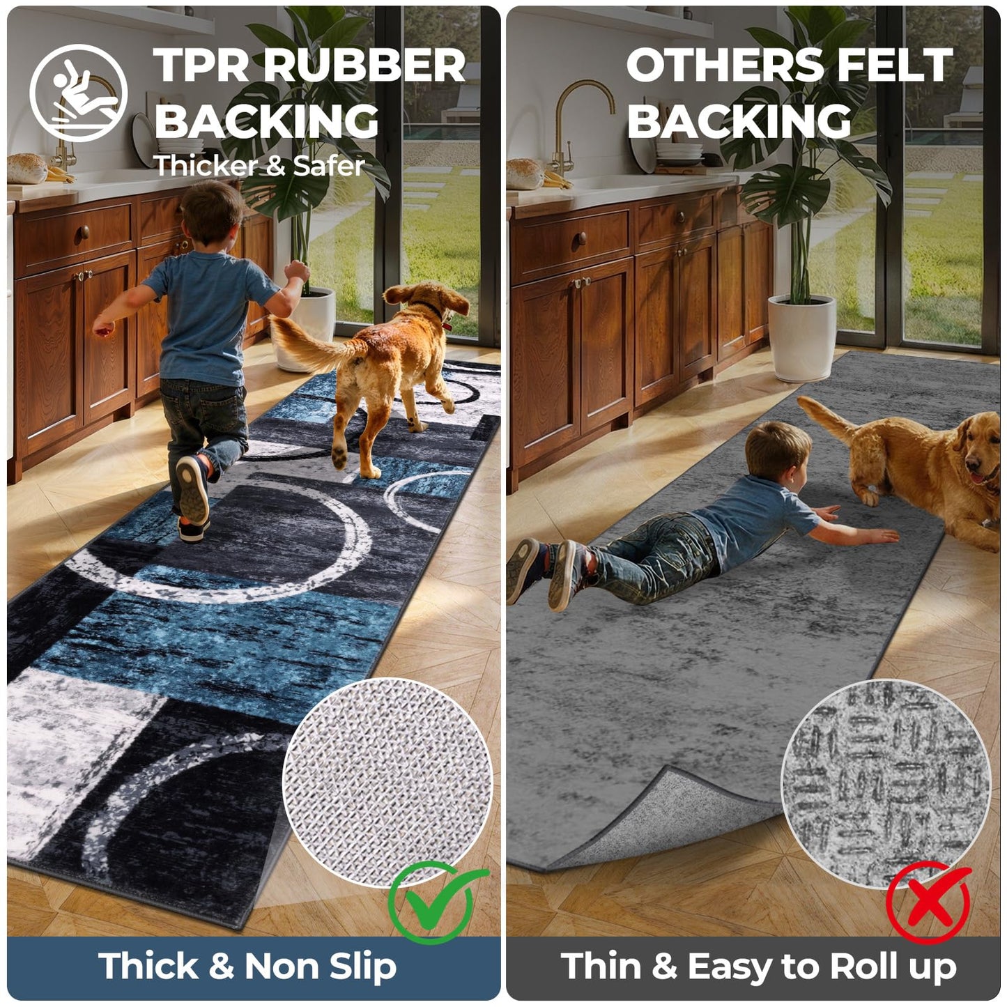 Yamaziot Modern Abstract Runner Rug, 2x6 Washable Kitchen Runner with Non-Slip Backing, Ultra Soft Rug Runners for Hallway Low Pile Carpet for Entryway, Laundry, Bedroom (Blue, Geometric Circle)