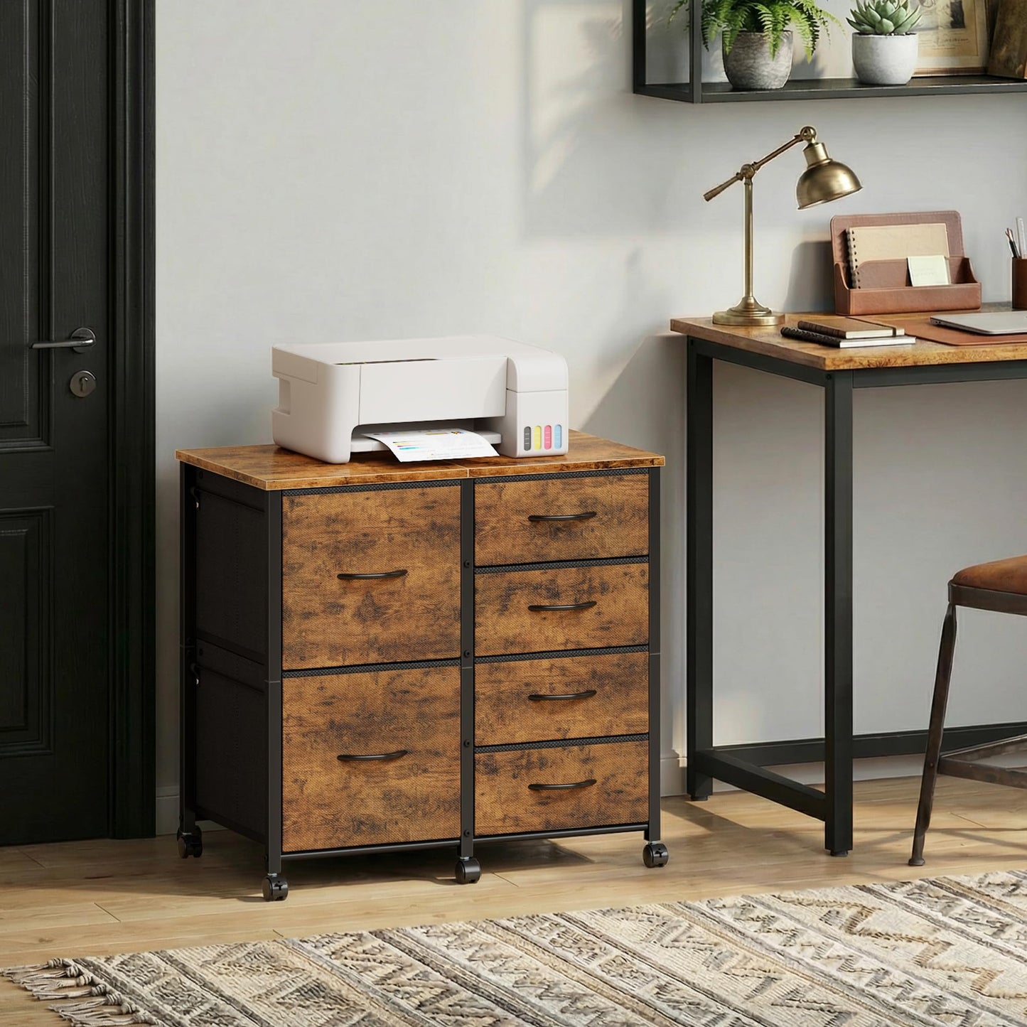 HIGDBFE 6 Drawer Mobile Lateral File Cabinet, Rolling Printer Stand, Under Desk Filing Cabinet Fits A4 Files, Home Office Storage Fabric Cabinet, 2X Space, Rustic Brown, 23''