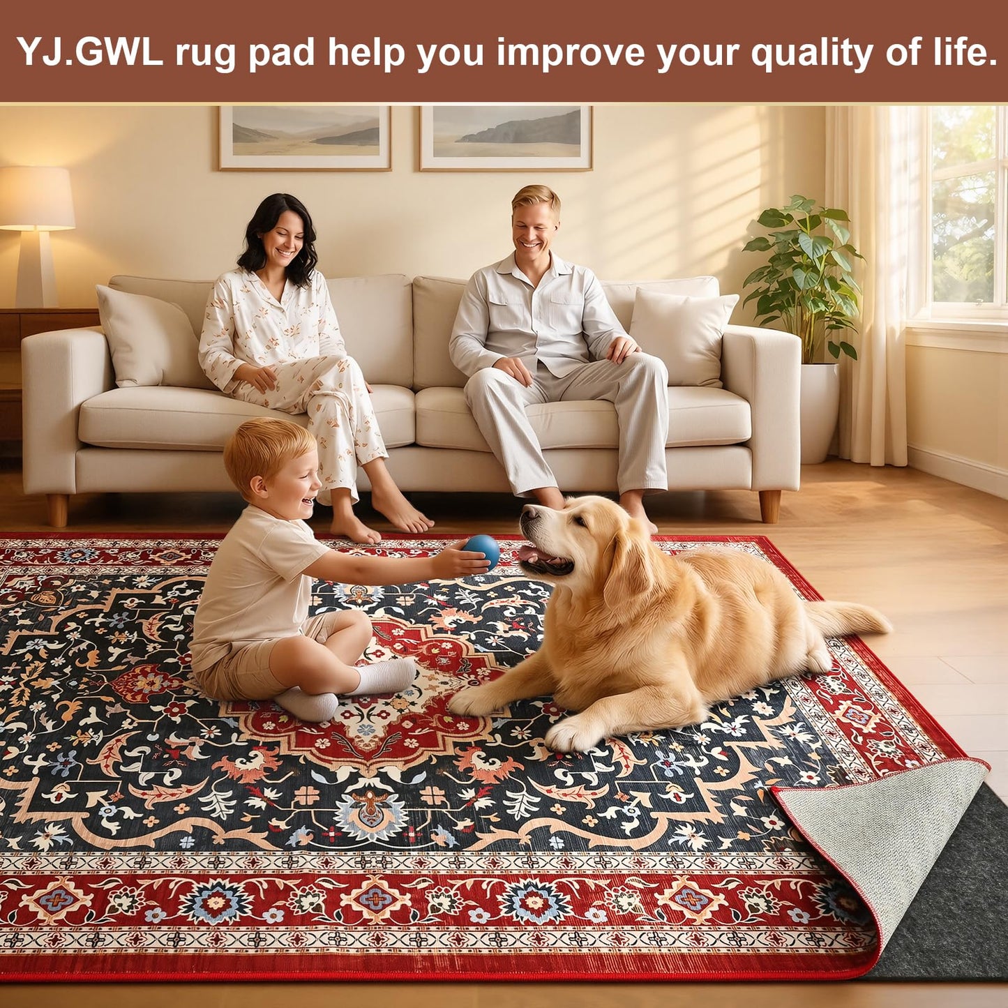 YJ.GWL 3x5 Feet Non Slip Rug Pad 1/4 inch Thick Felt and Silicone Backing, Dual Surface Cushion Rug Gripper for Hardwood Floors, Carpet Liner Keep Rugs in Place, Anti Skid Mat for Under Area Rug
