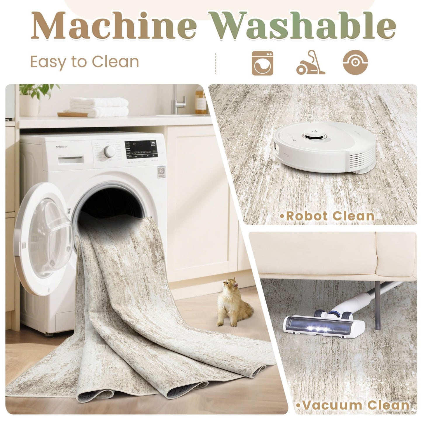 Washable Rug 9x12 Area Rugs for Living Room: Large Neutral Soft Rug Abstract Non Slip Low Pile Modern Carpet for Bedroom Kitchen Nursery Office Dining Room Indoor (Beige, 9'x12')