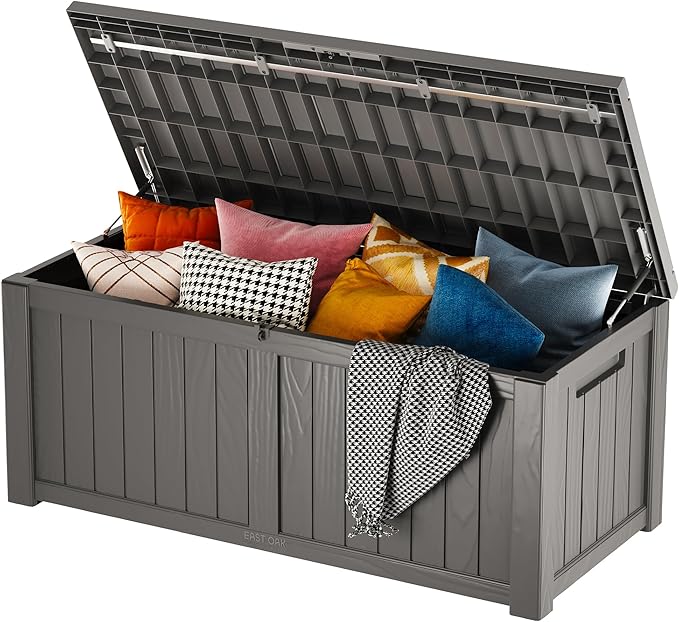 EAST OAK Outdoor Storage Box, 120 Gallon Deck Box with Stainless Steel Rods Large Resin Storage Bin for Patio Cushions, Garden Tools, Waterproof and UV Resistant, Lockable, Grey