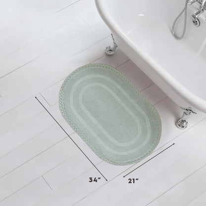 Laura Ashley Camilla 100% Cotton Oval Bath Mat with Crochet Border, Soft & Absorbent, Light Green 21" x 34" Bathroom Rug