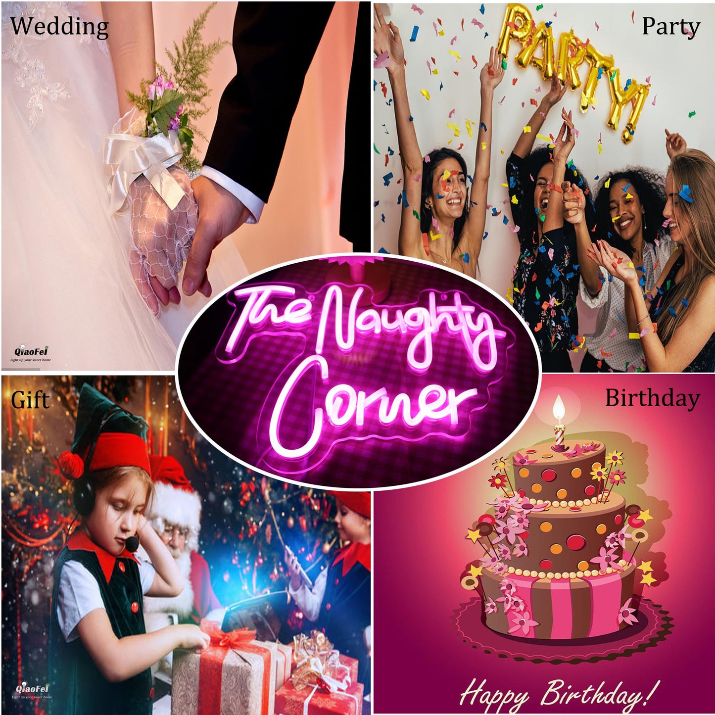 QiaoFei LED "The Naughty Corner" Neon Sign Pink Word/Letters USB Powered Neon Lights for Girls Room Home Bar Art Wall Decor Party Window Living Room Decor Birthday Christmas' Gift(Pink)