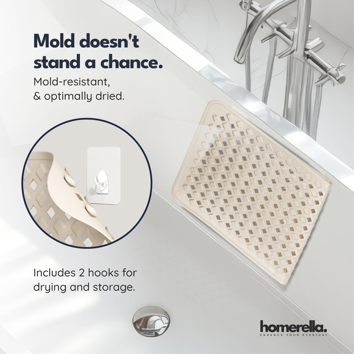 Bathtub Mat Non Slip 35x16 - homerella® Bath Mat Incl. Hooks for Drying, Extra Long, 100% BPA Free, Shower Mat Non Slip Anti Mold, Machine Washable, Shower Mats for Inside Shower Mildew Resistant