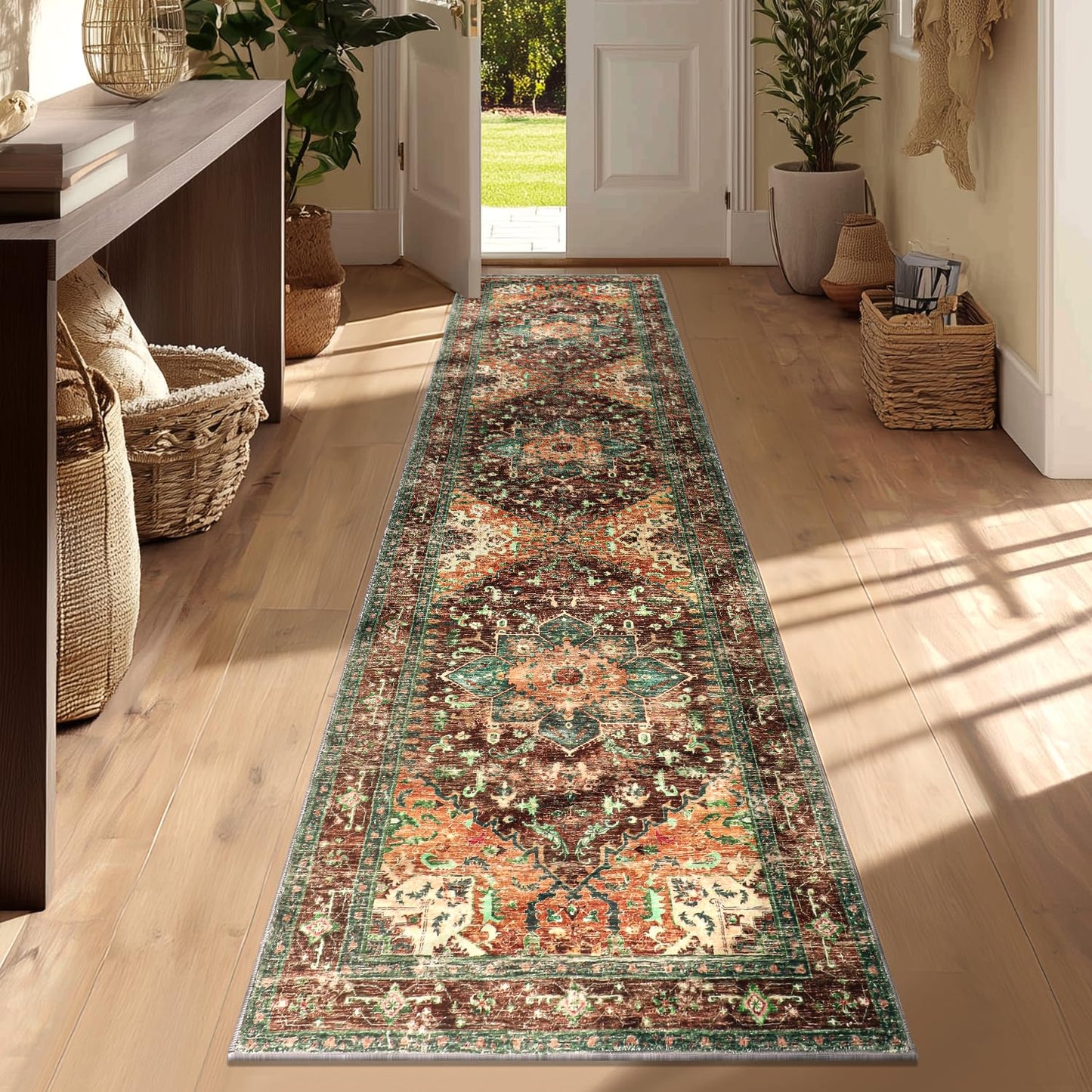 Yamaziot Washable Runner Rug, 2x8 Non-Slip Boho Vintage Hallway Rug Runner with Rubber Backing, Stain Resistant & Low Pile Faux Wool Distressed Carpet Runner for Bedroom, Kitchen, Laundry, Entrance