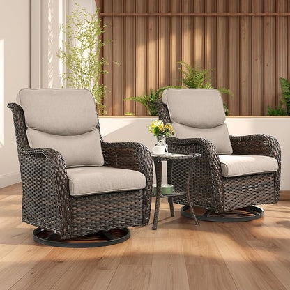 Rilyson Wicker Rocking Chair Swivel Chairs - 2 Piece Rocker Patio Chairs Set Rattan Rocking Chair for Outdoor Porch Deck Garden Backyard (Brown/Beige/Smile)