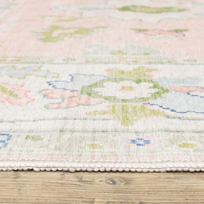 Oriental Weavers Addison ADD04 Machine Washable Flat Weave Printed Area Rug 5' x 7' in Pink/Green Traditional Style, Nursery, Kids Room, Bedroom, Entryway