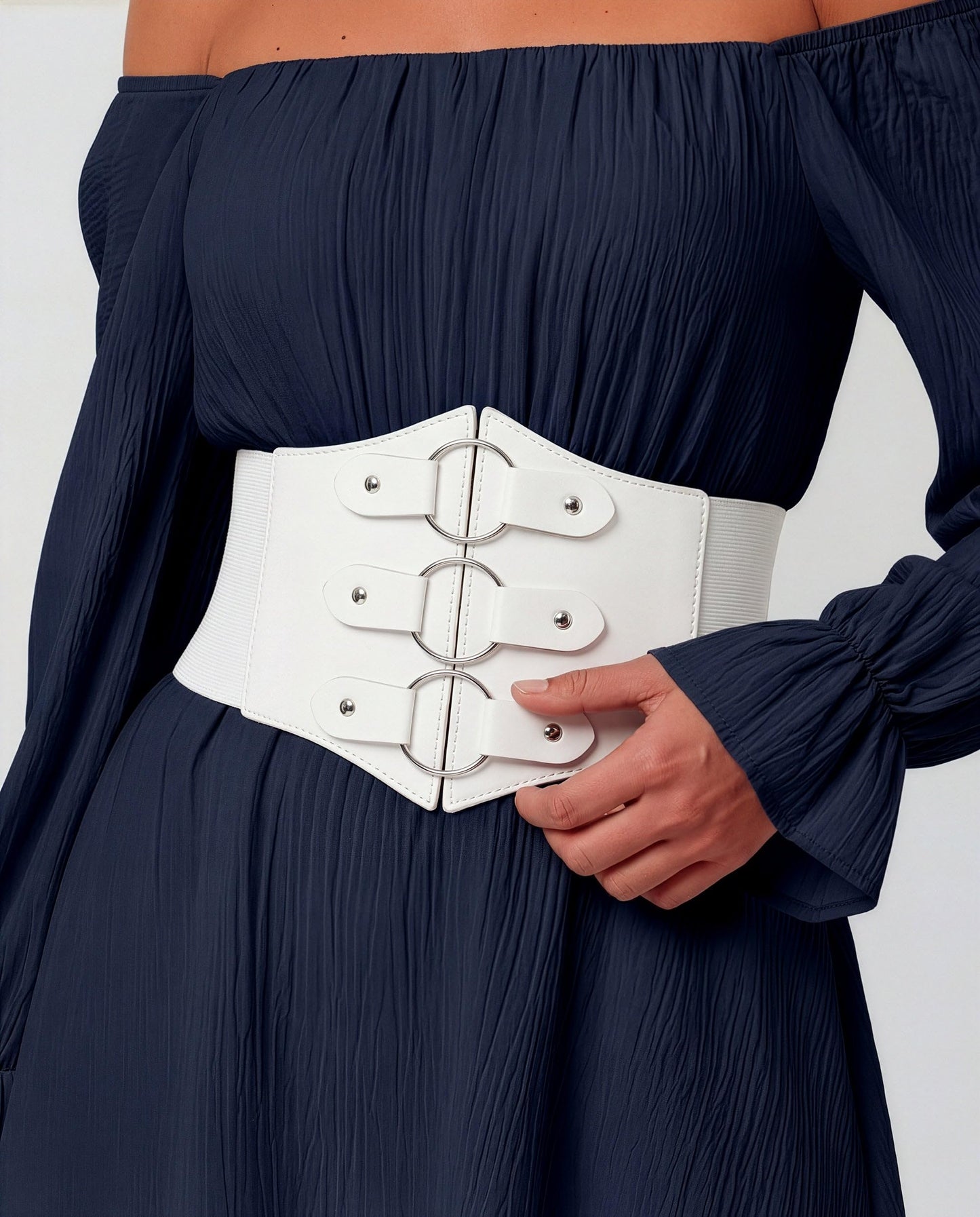 BlackButterfly Elastic Cosplay Halloween Metal Ring Waist Pirate Waspie Corset Belt (White, L)
