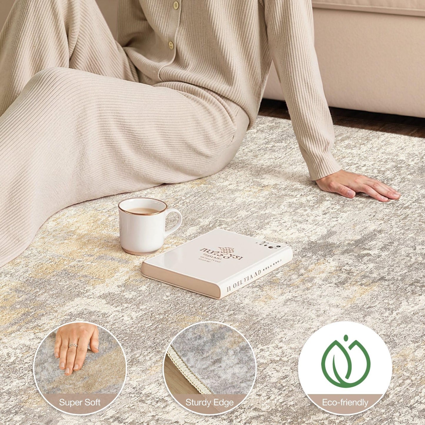 cotiled Abstract 8x10 Area Rug Soft Neutral Non Slip Carpet