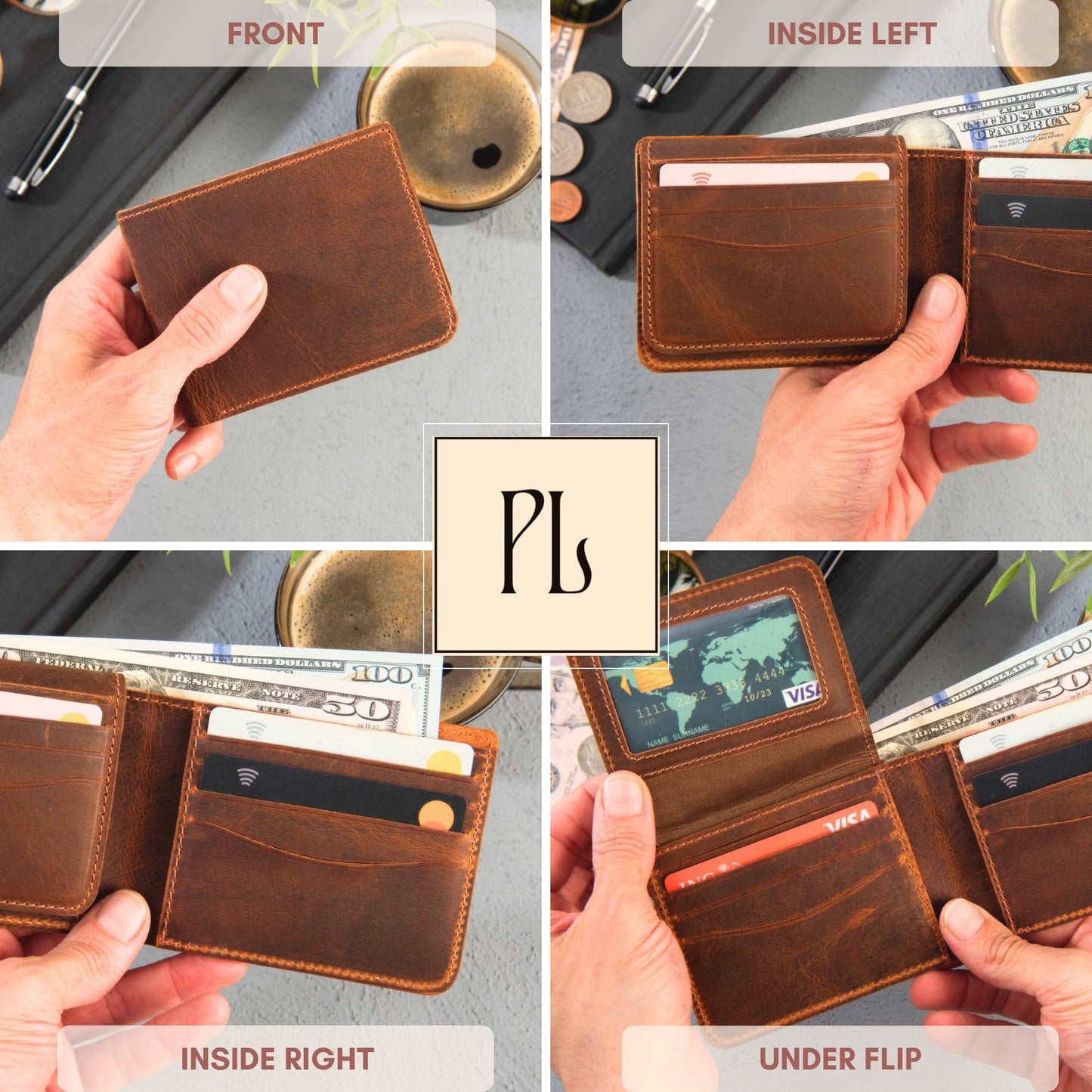 Personalized Leather Wallet for Men – Engraved Name Initial, Custom Monogram in 5 Colors & 6 Designs – Ideal Gift for Husband, Dad, Boyfriend, Wedding, Anniversary, Birthday, Valentines Day Gifts