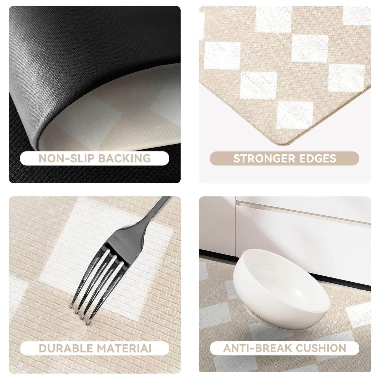 Scalloped Moroccan Trellis Cream Checkered Kitchen Rug Sets [2 PCs], Anti-Fatigue, Waterproof Non-Slip Kitchen Mats Heavy Duty Ergonomic Comfort Foam Rug for Floor, Home, Laundry,17.3"x29"+17.3"x47"